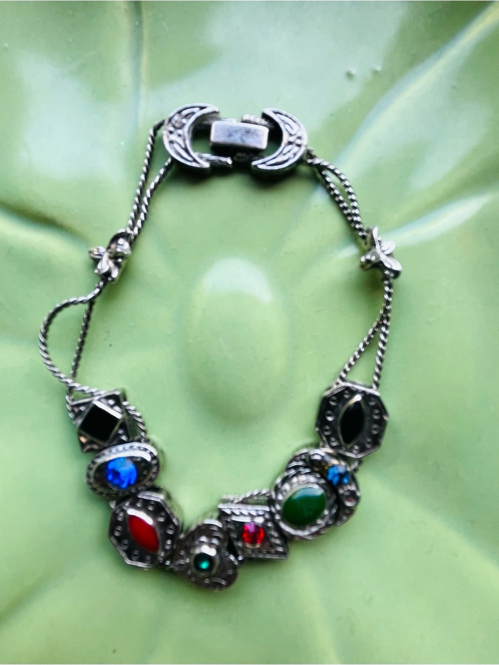 Vintage-Inspired Multicolor Stone Silver Bracelet